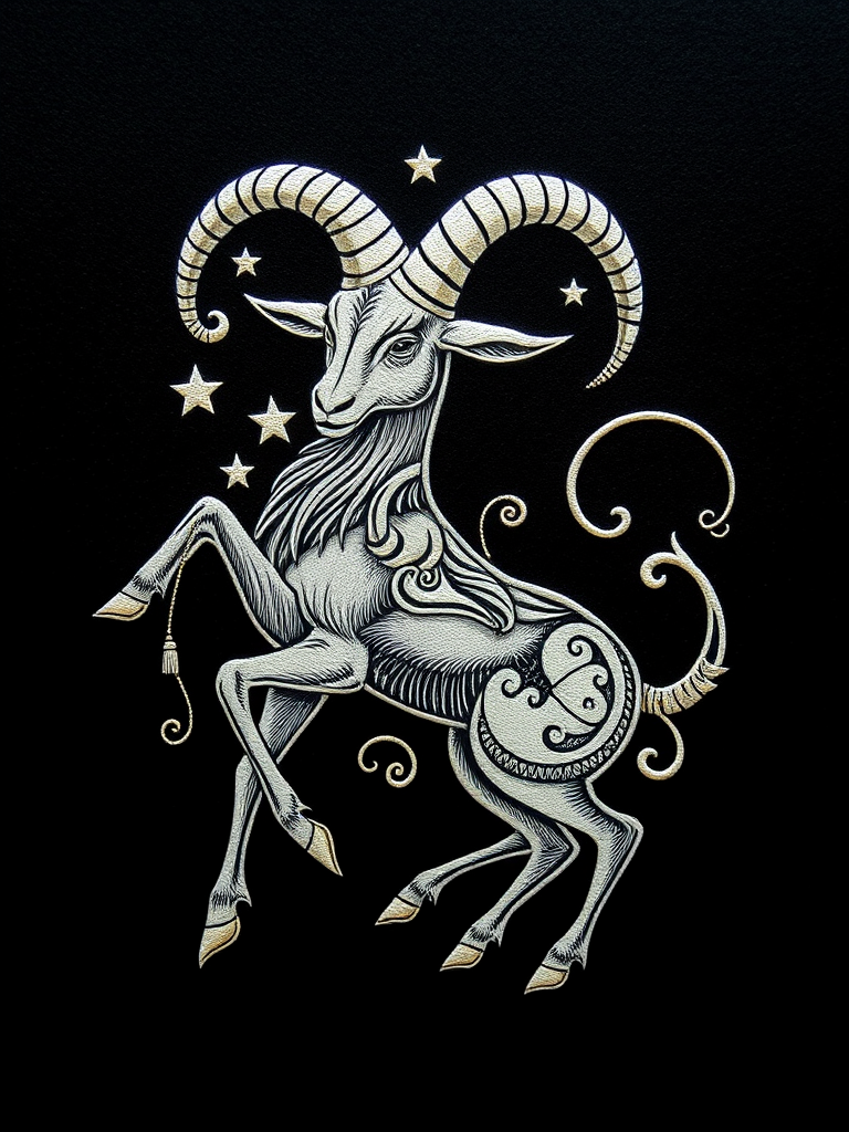 Create an intricate illustration of a Capricorn symbol featuring a detailed goat with starry elements and swirling designs, set against a dark background, captured with a DSLR camera at f/8, ISO 100, 50mm lens, in a macro style to enhance the fine details and textures.