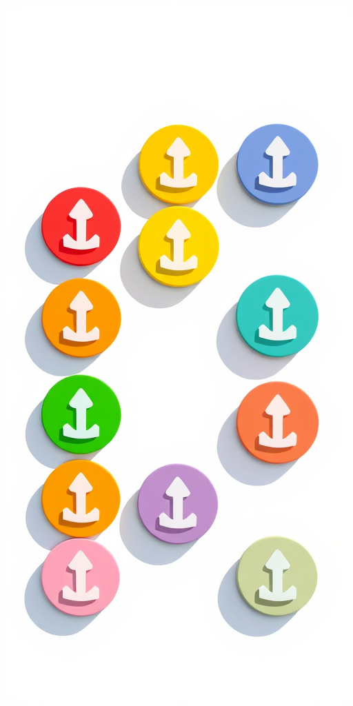 create a grid of nine circular download icons with arrows, each in different pastel colors like blue, red, yellow, green, orange, purple, light blue, pink, and light green, with a soft shadow for depth, shot with a DSLR camera at f/4 aperture, 50mm lens, natural lighting, top-down view