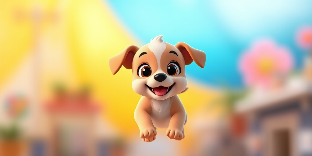 a cute cartoon puppy with big expressive eyes and a happy smile, jumping joyfully in a bright, colorful background, captured using a DSLR camera with a 50mm lens, aperture f/1.8, ISO 200, in natural light, front view with soft focus background