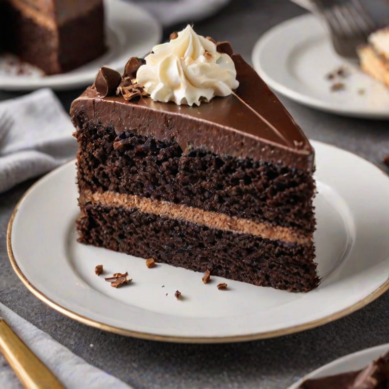 Create an image of a slice of layered chocolate cake on a white plate, showcasing distinct layers of chocolate cake, cream, and frosting. The cake should have a rich, dark chocolate color with a glossy frosting on top. Include a gold fork beside the plate and a blurred background of additional cake slices on white plates. The setting should feel inviting and appetizing, emphasizing the texture and layers of the cake.