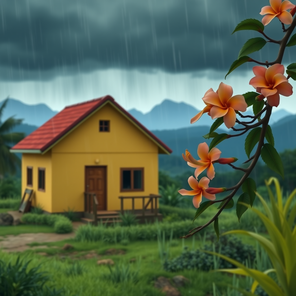 A rural, small bungalow with yellow walls and a red-tiled roof. The bungalow is nestled in the lush landscape of Colombia, Costa Rica. In the foreground, a branch of tropical flowers from a flowering tree. In the background, distant hazy mountains. There is a stormy sky and heavy rain. An animated still-shot from Studio Ghibli, Hayao Miyazaki.