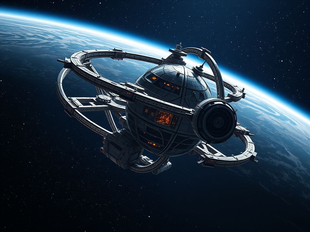 Generate a highly detailed image of a massive space station resembling a Dyson sphere, orbiting a distant planet with a star-filled background, using a DSLR camera with a 24mm lens at f/8 aperture, ISO 200, and a shutter speed of 1/125 seconds, capturing a wide-angle view to enhance depth and clarity.