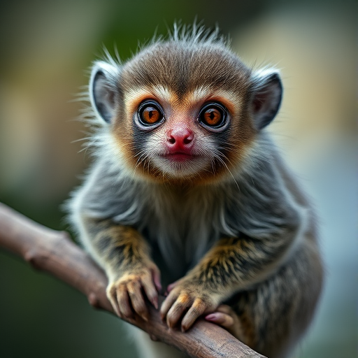 A close-up shot of a marmoset sitting on a branch, taken with a Canon EOS 5D Mark IV, 85mm f/1.8 lens, aperture f/2.8, ISO 400, natural light, soft bokeh background, focus on the marmoset's facial features.