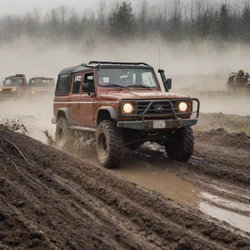A rugged off-road vehicle driving on a muddy terrain with tire tracks in the foreground and a foggy landscape in the background.