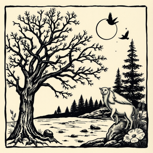 Woodcut tattoo style named "Engraved Nature" mimicking the look of vintage woodblock prints with bold lines, crosshatching, and nature-inspired motifs like trees and animals