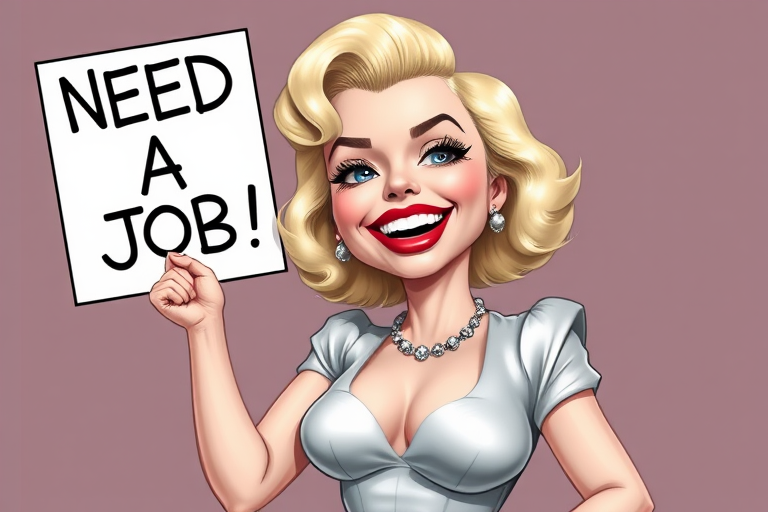 caricature of a smiling Marilyn Monroe in a Platinum dress or suit, holding up a sign that says "NEED A JOB", no watermark,