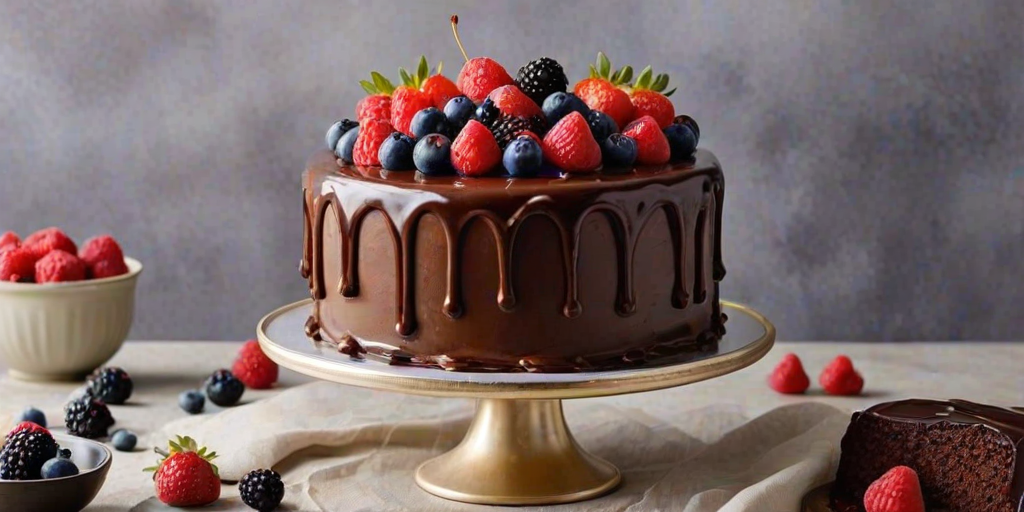 Create an image of a decadent chocolate cake topped with an array of assorted berries, including raspberries and blueberries. The cake should have a glossy chocolate drip down the sides, and be decorated with various types of chocolate pieces, including curls and sticks. Add a few elegant gold or silver accents for a touch of sophistication. The background should be simple and elegant to highlight the cake.