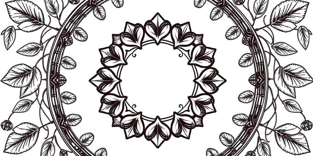 Generate a detailed illustration of a decorative circular frame with intricate leaf patterns, using a DSLR camera at f/4 aperture, 50mm lens, 1/125 sec shutter speed, and a soft focus background to enhance the image quality.