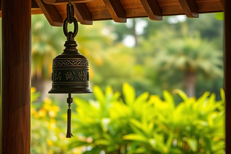 Create a serene image of a traditional bell hanging from a wooden structure in a lush garden setting, using a DSLR camera with a 50mm lens, aperture set to f/2.8 for a shallow depth of field, ISO 100 for minimal noise, and a warm filter to enhance natural light and colors.
