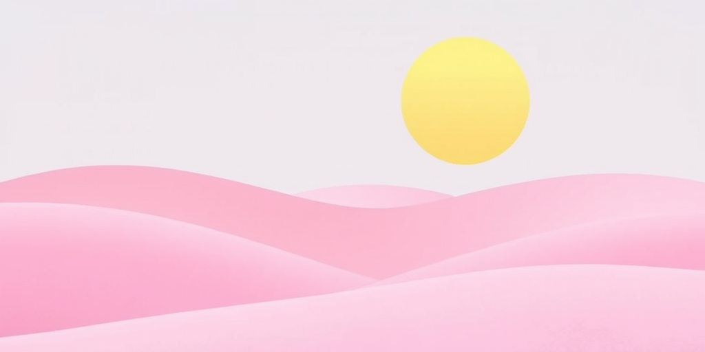 create a minimalist abstract landscape with soft pastel colors, featuring rolling hills in shades of pink and a large yellow sun in a light blue sky