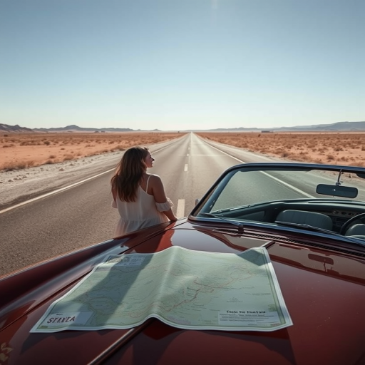Lonely highway stretching into the desert, a woman standing by her vintage car, the heat waves rising off the asphalt, a map spread on the hood.