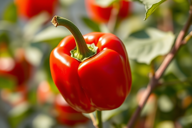 Generate a high-resolution image of a bright red bell pepper, shot with a Canon EOS 5D Mark IV at f/2.8, ISO 100, 1/200 sec, with a shallow depth of field, in natural light, against a soft, blurred background for emphasis on detail and color vibrancy.