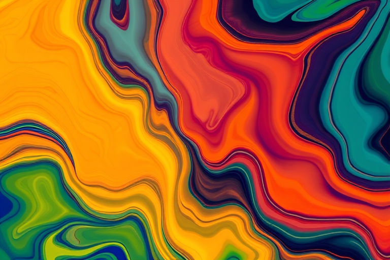 Create an abstract pattern with fluid shapes and vibrant colors, using a DSLR camera with a 50mm lens, aperture f/1.8, ISO 100, shoot in natural light from a top-down view.