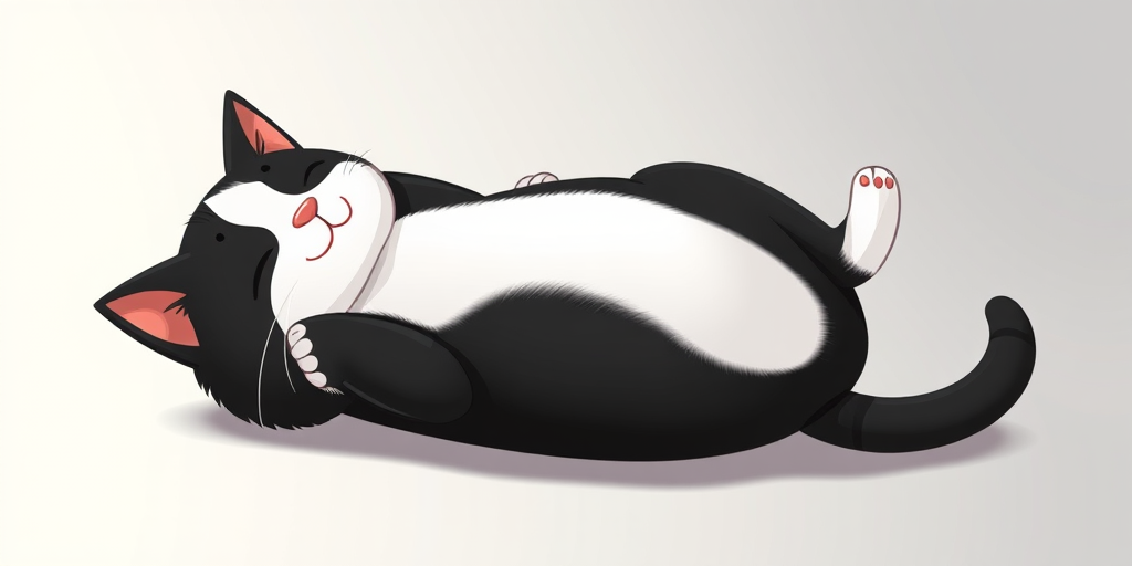 Create an illustration of a black and white cartoon cat lying on its back with a smooth gradient background, using a Canon EOS 5D Mark IV with a 50mm f/1.8 lens, aperture set to f/8, ISO 100, and natural soft lighting for enhanced clarity and detail.