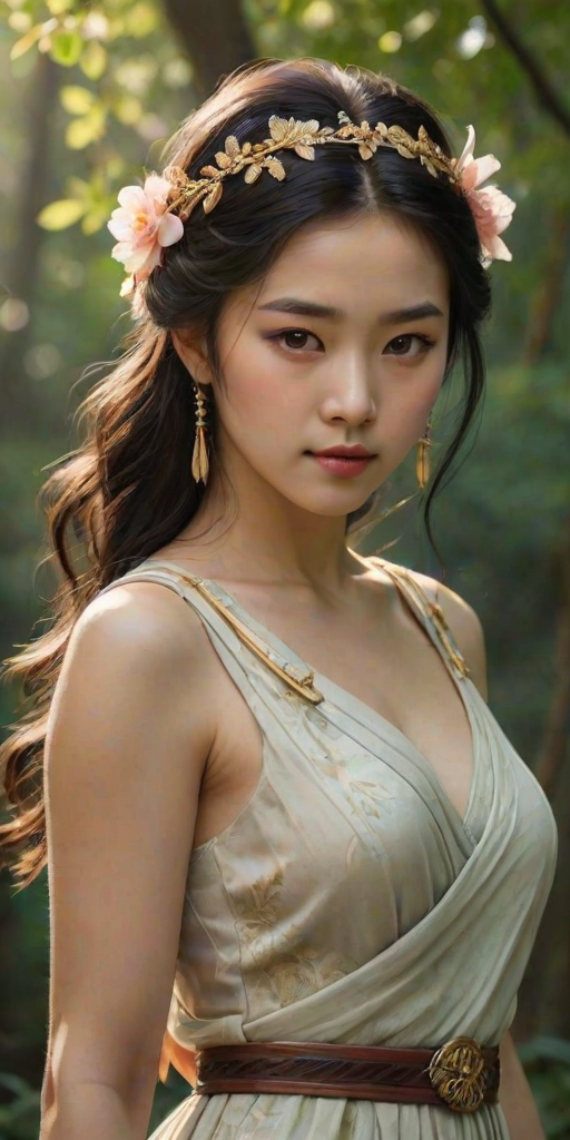 Create a portrait of a goddess-like Chinese girl figure in a tranquil, forested environment. She has an elegant appearance with long, wavy hair styled in an updo and adorned with a delicate, floral headband. She wears a flowing, ancient Greek-inspired gown in a soft, pale color, featuring a one-shoulder design and draped fabric that accentuates her graceful form. The outfit includes a decorative belt with ornate gold detailing, and she holds a bow in her hand, with a quiver of arrows slung over her shoulder. The background depicts lush greenery, with sunlight filtering through the trees, casting a gentle, ethereal light on the scene. Her expression is calm and contemplative, embodying a sense of wisdom and serenity.