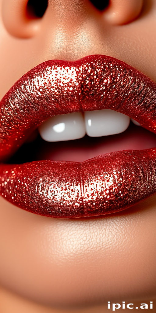 Glittery rose gold lips with a metallic sheen, adorned with tiny sparkling particles, creating a dazzling and eye-catching effect for a glamorous night out