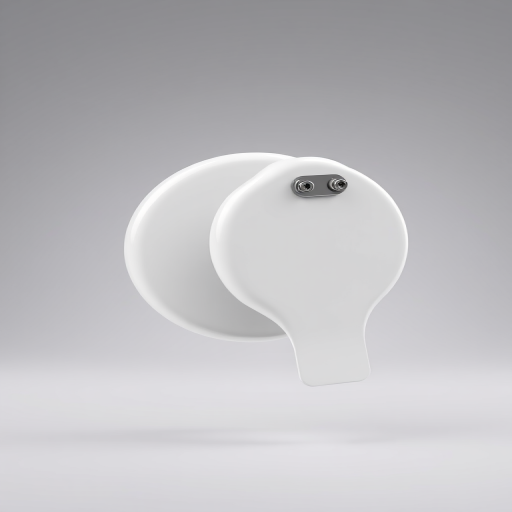 Create a 3D render of a glossy white badge in mid-air against a soft gradient background, with the badge facing both front and back to show the pin mechanism, using a Canon EOS R5 with an aperture of f/8, shutter speed of 1/125s, ISO 100, and a 50mm lens, in a studio lighting setup for enhanced image quality.