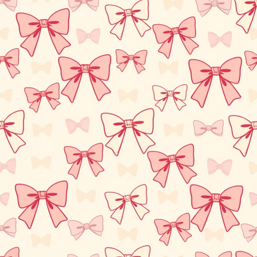Create a repeating pattern of various bows in shades of pink and cream on a light beige background. The bows should have a hand-drawn or sketched appearance, with some bows being larger and others smaller, arranged in a balanced and aesthetically pleasing manner.