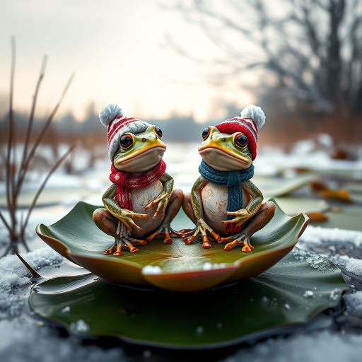 Create a whimsical scene of two frogs wearing winter hats and scarves sitting on a large lily pad in a snowy, serene landscape, captured with a Canon EOS R5 at 50mm, f/1.8, ISO 100, with a shallow depth of field and soft focus background for enhanced image quality.