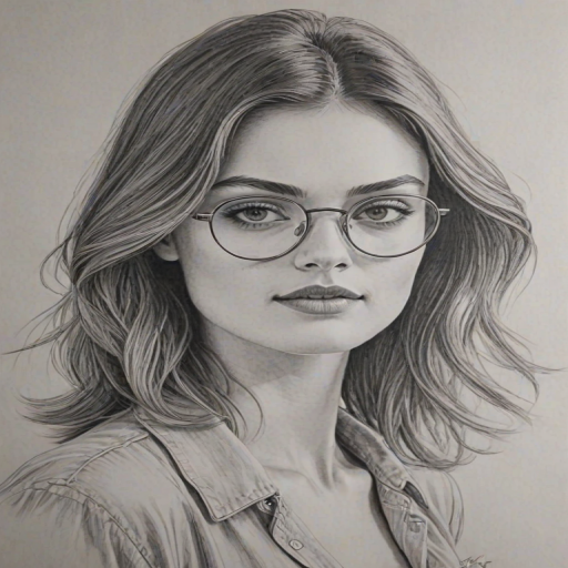Gorgeous Phoebe Tonkin, pencil sketch, portrait of Graceful woman 1978s in glasses, hair style beatnik, outline, clear lines, fine lines, 8k