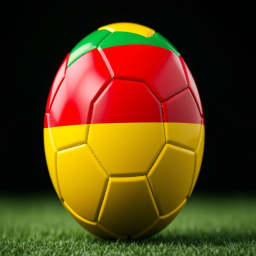 Create a realistic 3D render of a soccer ball featuring the colors of the Lithuanian flag: green, yellow, and red, shallow depth of field, ISO 100, f/2.8, 50mm lens, studio lighting.