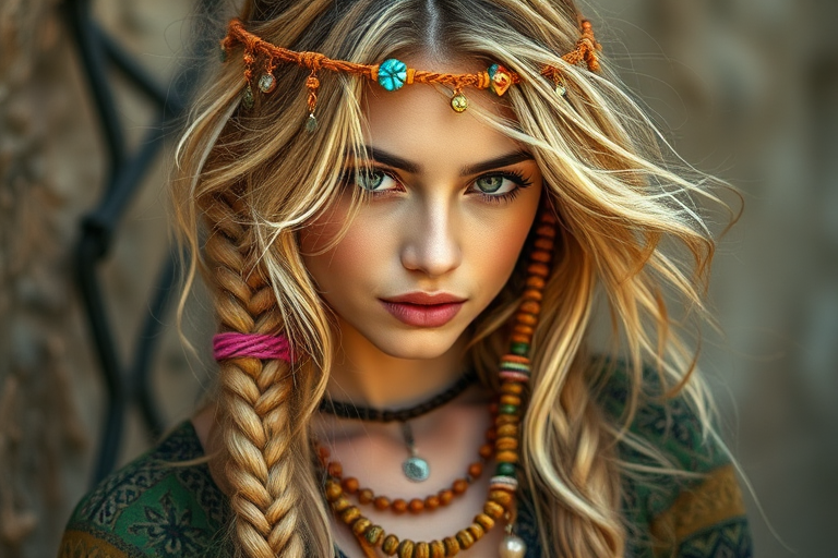 Bohemian beauty with long, tousled honey blonde locks adorned with intricate braids and adorned with colorful boho-inspired accessories