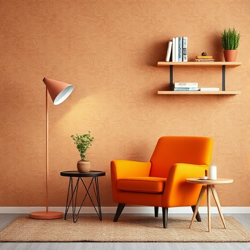 Create a cozy living room interior with a modern aesthetic featuring an orange armchair, a stylish floor lamp, a small coffee table with a vase of flowers, and shelves with books and plants on a textured brown background, captured with a DSLR camera at f/2.8 aperture, ISO 100, 50mm lens, and a soft-focus effect for a warm ambiance.