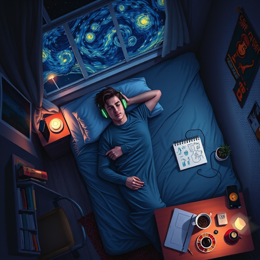 A top-down Van Gogh-style painting of a young man lying on his bed, listening to music with headphones. The room is softly lit with deep blues and purples, creating a peaceful nighttime atmosphere. The bed has a soft pillow, and the man's arms are resting behind his head. Around the bed, various glowing gadgets such as a smartphone, a laptop, and a small lamp are visible, casting a gentle light. The rest of the bedroom includes a desk with books, a chair, and a small rug on the floor. A window near the bed reveals a starry night sky with swirling stars, reminiscent of Van Gogh's 'Starry Night.' On the desk, there is a sketchbook with colorful drawings, a cup of coffee steaming gently, and a small potted plant. The walls have posters of famous paintings and a corkboard with pinned notes and photos. The scene is full of dynamic, swirling brushstrokes, capturing the essence of Van Gogh's unique style. The overall mood is serene and contemplative, with a touch of artistic inspiration.