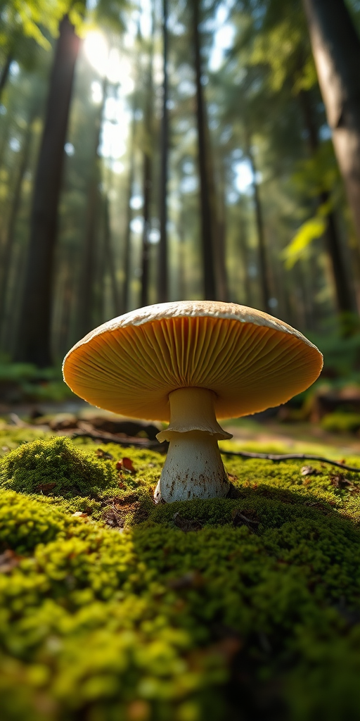 photograph a large mushroom growing on mossy ground in a dense forest with sunlight filtering through the trees, focus on the texture of the mushroom and moss, use a 50mm lens, aperture f/2.8, shutter speed 1/200s, ISO 200, natural lighting, low angle view, DSLR camera