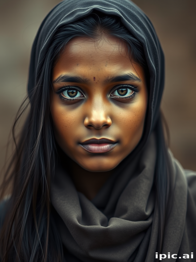 Create a portrait of a young Sri Lankan woman with long, dark hair and captivating hazel eyes. She is wearing a dark headscarf and a matching scarf draped gracefully around her neck. The background is softly blurred, focusing attention on her serene and natural expression. The overall color palette is muted and warm, enhancing the intimate and authentic feel of the portrait.