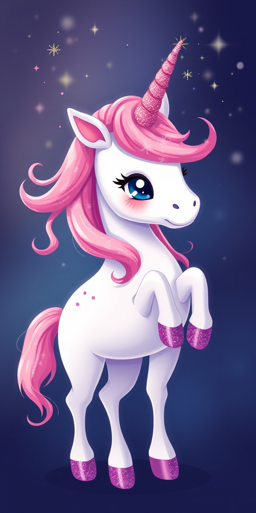 Create an illustration of a whimsical unicorn with a pink mane and tail, sparkling details, viewed from a slight side angle, using a digital camera with a 50mm lens, f/2.8 aperture, and high dynamic range settings to enhance colors and contrast.