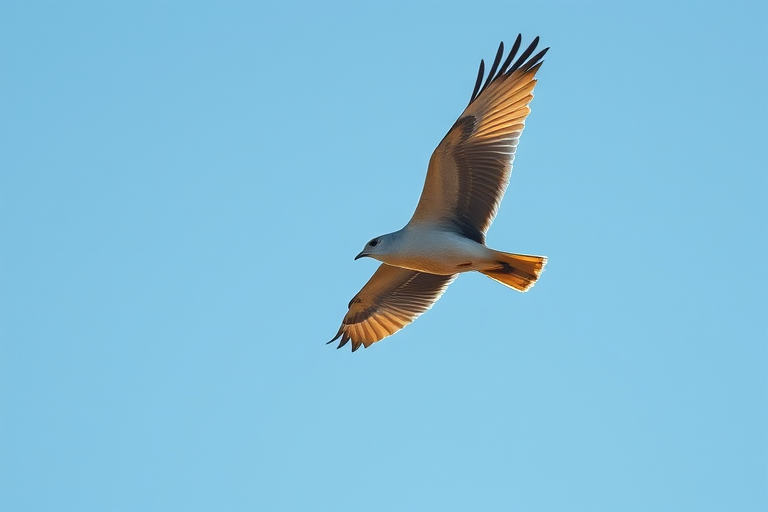 A high-resolution image of a bird in flight against a clear blue sky, captured with a DSLR camera at 1/2000s shutter speed, f/5.6 aperture, ISO 400, using a telephoto lens at 300mm, with natural lighting and a focus on the bird's details and feather texture.