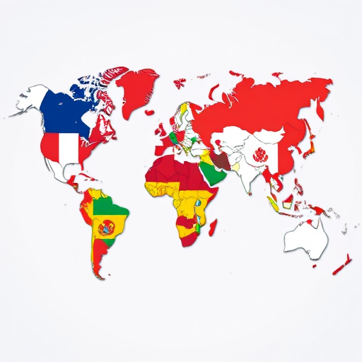 Create an artistic representation of the world map with different countries' flags overlaid on their respective shapes; use a high-resolution setting of 300 DPI, capture from a top-down view, utilize a DSLR camera style with a focal length of 35mm, aperture set to f/8 for sharp clarity.