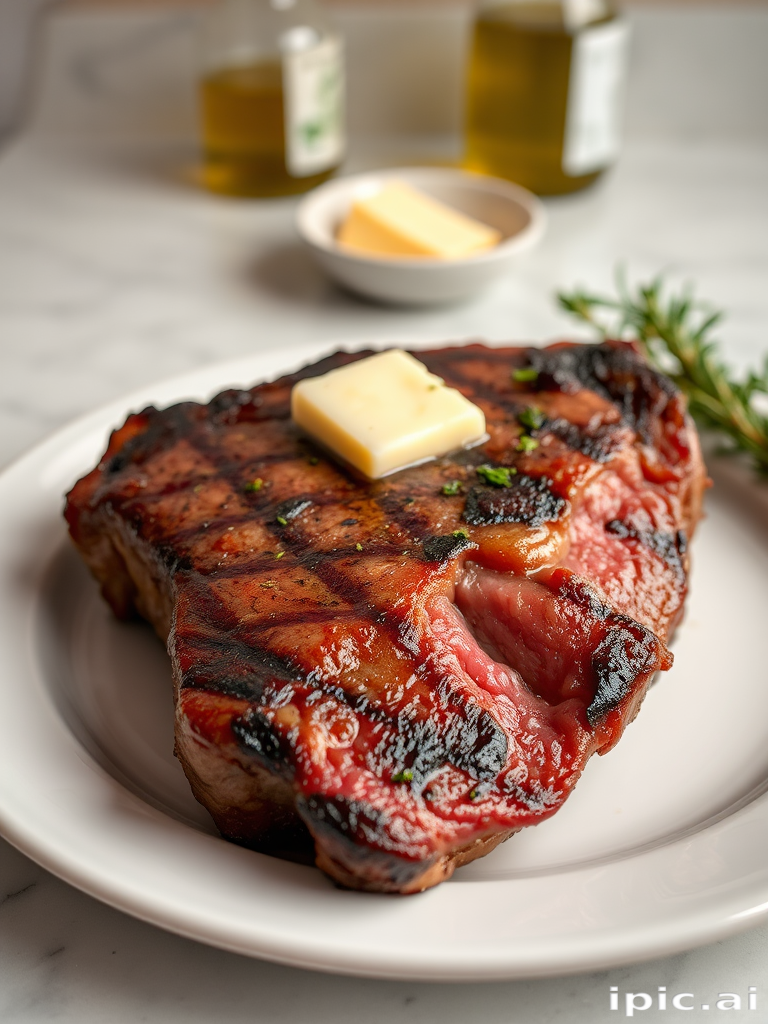 Create an image of a perfectly seared ribeye steak, resting on a white plate with a pat of melting butter on top. The steak is seasoned with fresh herbs like thyme and parsley, with glistening juices highlighting the texture of the meat. The background features a soft focus on a light, marble countertop, with a small dish of butter and an olive oil bottle in the distance. The overall mood should be warm and inviting, capturing the deliciousness and juiciness of the steak.