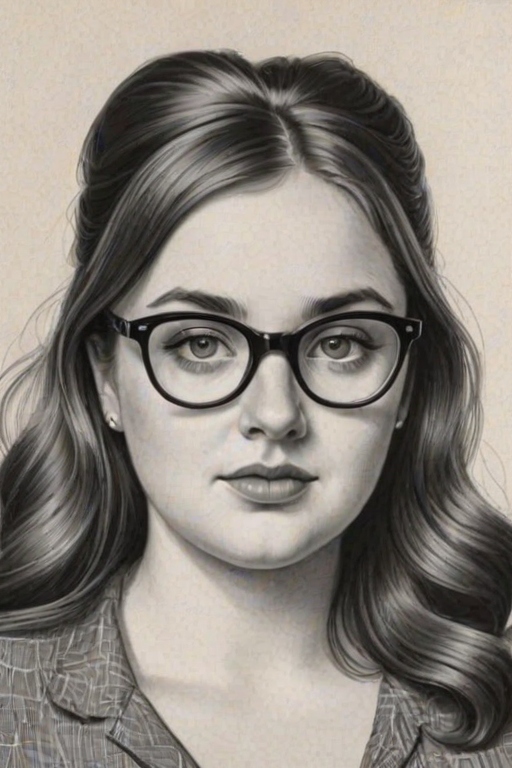 Attractive Aidy Bryant, pencil sketch, portrait of Sublime woman 1950s in glasses, hair style beatnik, outline, clear lines, fine lines, 8k