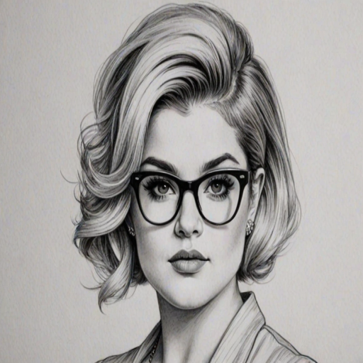 Captivating Kelly Osbourne, pencil sketch, portrait of Ravishing woman 1950s in glasses, hair style beatnik, outline, clear lines, fine lines, 8k