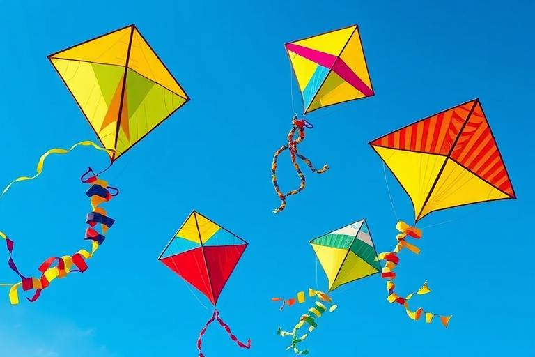 Create a high-resolution illustration of four colorful kites in a clear blue sky, using a DSLR camera at f/8 aperture, ISO 200, 1/500s shutter speed, wide-angle lens for a vibrant view with sharp details and bright colors.