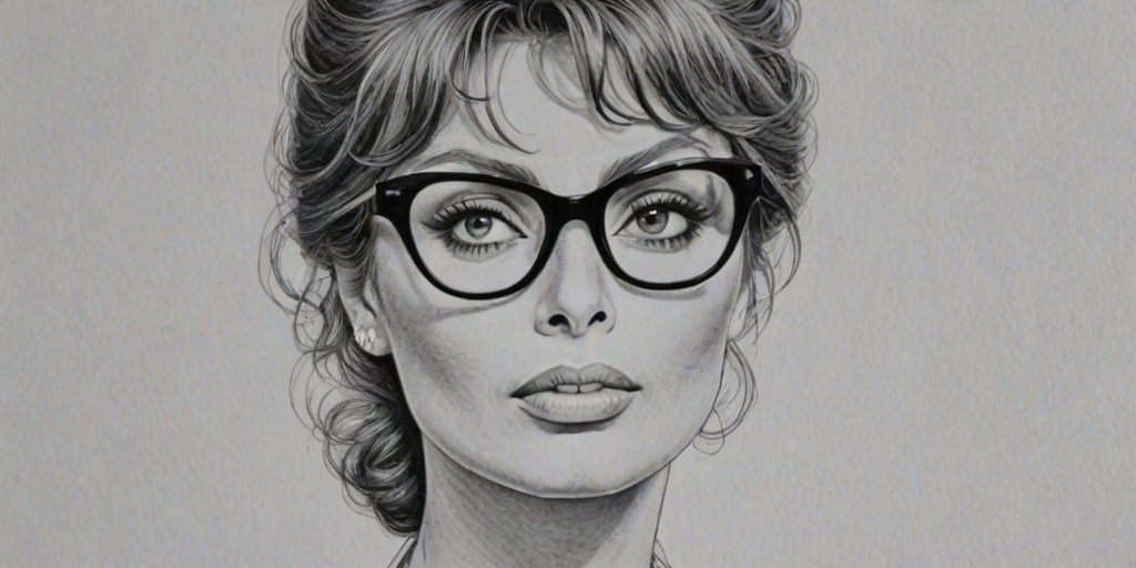 Appealing Sophia Loren, pencil sketch, portrait of Appealing woman 1965s in glasses, hair style beatnik, outline, clear lines, fine lines, 8k