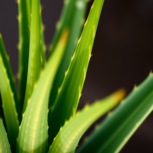 macro shot of an aloe vera plant focusing on its textured, sharp leaves with vibrant green and yellow stripes, aperture f/2.8, ISO 100, 50mm lens, soft natural lighting, shallow depth of field, DSLR camera