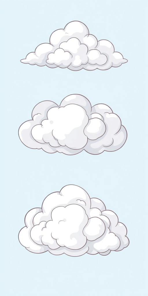 Create a set of cartoon-style cloud illustrations on a light blue background, using a Canon EOS R5 camera, aperture f/8, ISO 100, and a 50mm lens to ensure high clarity and detail in the clouds.