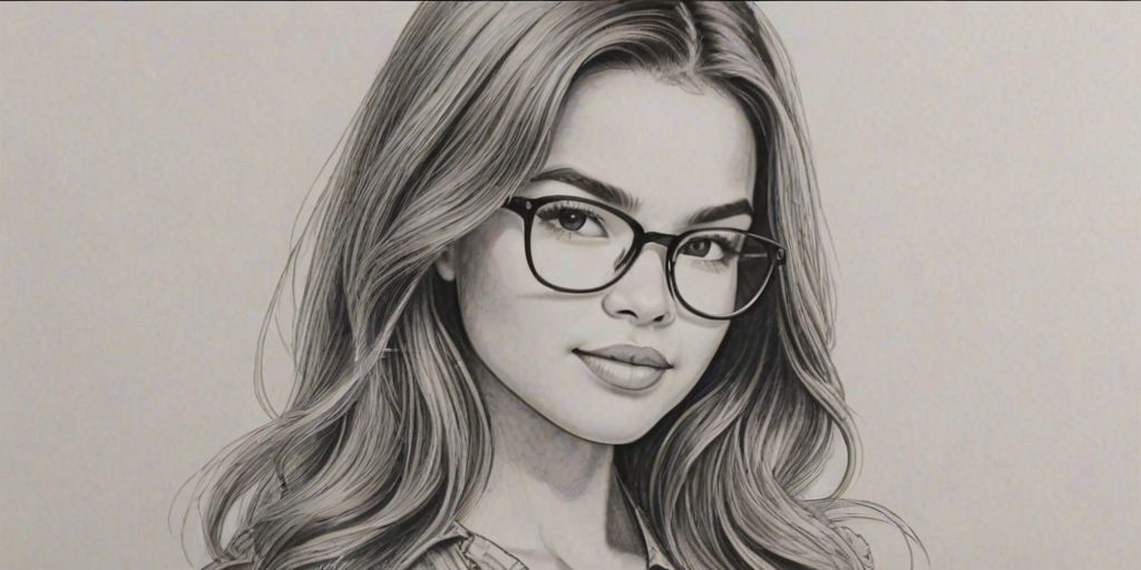 Attractive Paris Berelc, pencil sketch, portrait of Beauteous woman 1960s in glasses, hair style beatnik, outline, clear lines, fine lines, 8k