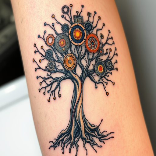 Surrealist tattoo titled "Dreamscape Fusion" merging elements of nature and technology, with a tree sprouting circuit boards and gears instead of leaves, rendered in a mix of realistic and abstract styles