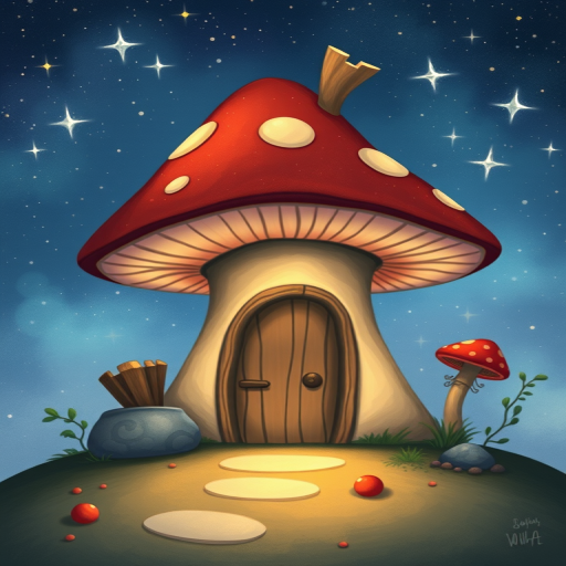 create illustration of a mushroom house with a door and a window, a storybook , fantasy art, mushroom house, bg starry sky, sparkles