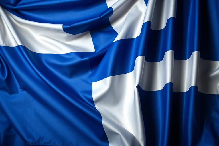 Create a high-resolution image of the Finnish flag draped and flowing, utilizing a DSLR camera with a 50mm lens, aperture set at f/1.8, ISO 100, shooting from a 45-degree angle to capture the texture and sheen of the fabric.