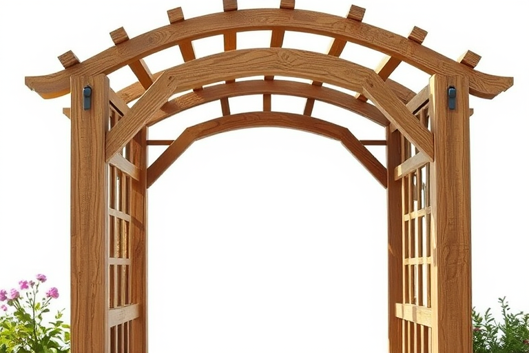 Create a high-resolution image of a wooden garden arch with intricate detailing against a transparent background, using a DSLR camera with a 50mm lens, aperture set to f/2.8 for a shallow depth of field, and a side lighting setup to enhance textures.