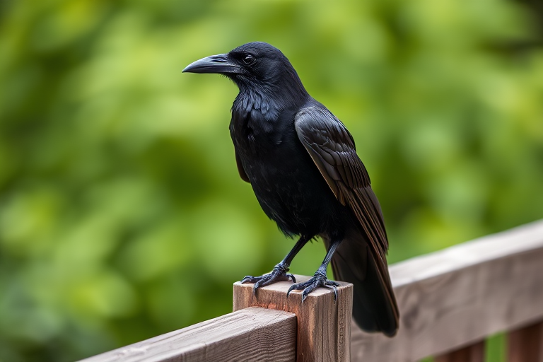 A close-up shot of a raven perched on a wooden railing, with a blurred green background, taken with a Canon EOS 90D, 100mm lens, f/2.8 aperture, ISO 200, natural lighting, shallow depth of field.