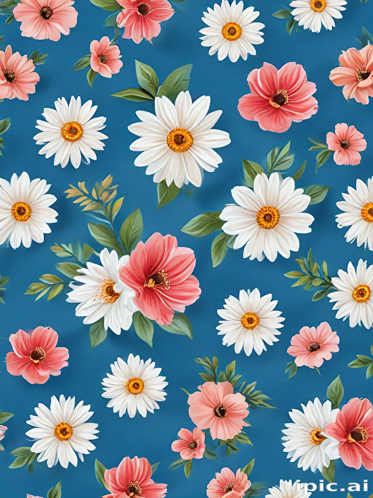 Vibrant Floral Pattern with Colorful Flowers Against a Deep Blue Background