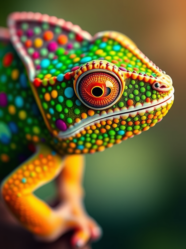 Create a highly detailed illustration of a chameleon covered in colorful dots, using a macro lens at f/2.8, ISO 100, 1/250 sec shutter speed, shot from a top-down perspective with a soft focus background to enhance the vibrant colors.
