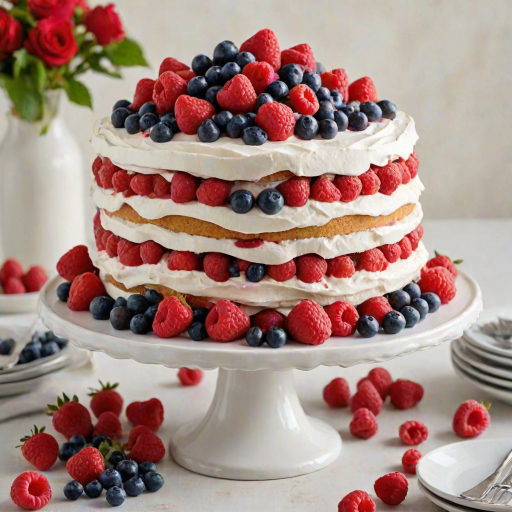 Create an image of a layered berry cake topped with an abundance of fresh raspberries, strawberries, and blueberries. The cake should have a creamy frosting and a decorative touch of whipped cream, all presented on a white cake stand. The background should be softly blurred to emphasize the vibrant colors of the berries.