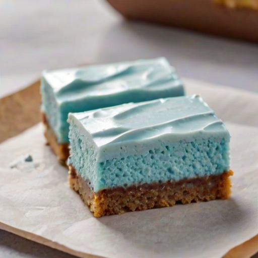Create an image of a rectangular dessert with a light blue frosting on top, cut into squares. The dessert is sitting on a piece of parchment paper, with one square slightly removed to show the interior. The frosting appears smooth and creamy, and there are small dark flecks throughout the frosting. The background is a simple, neutral surface.